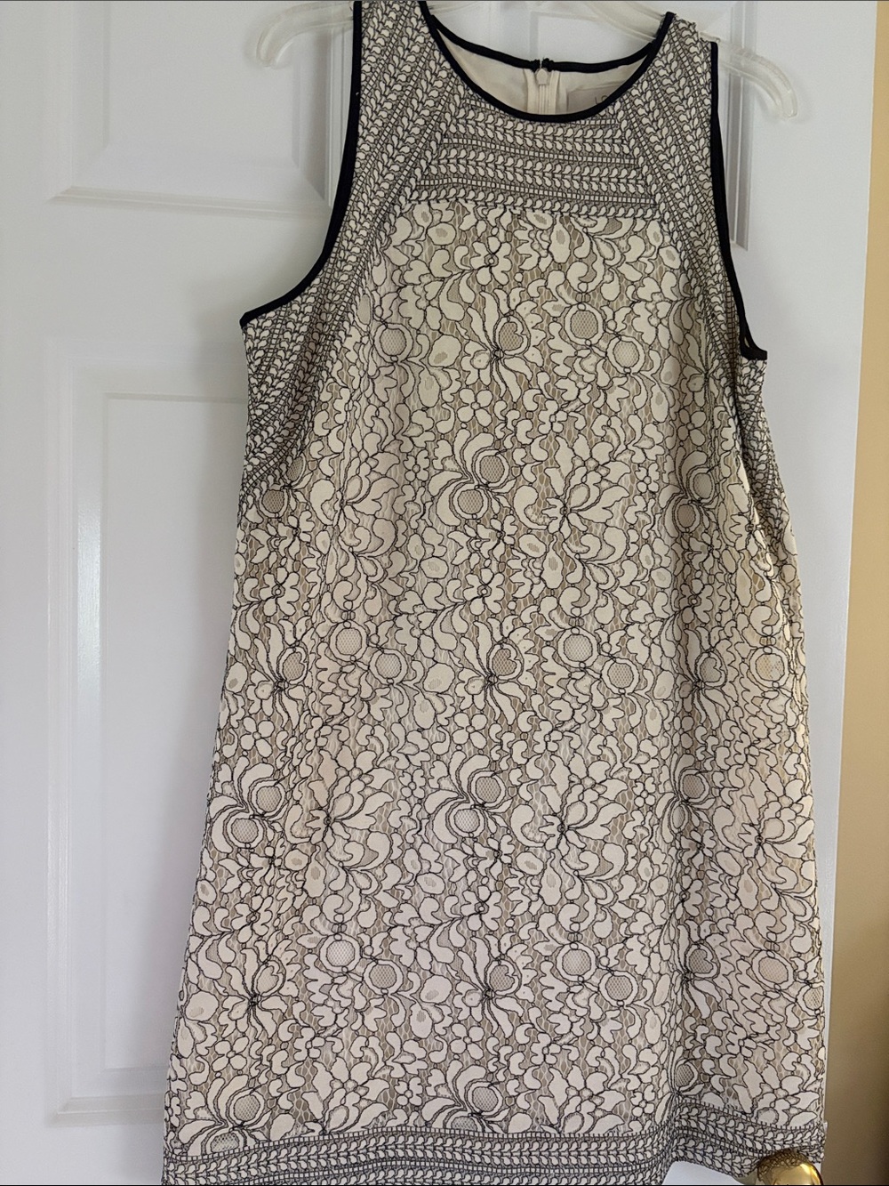 Loft Ivory Floral Lace Shift Dress with Black Trim sz12, back zipper